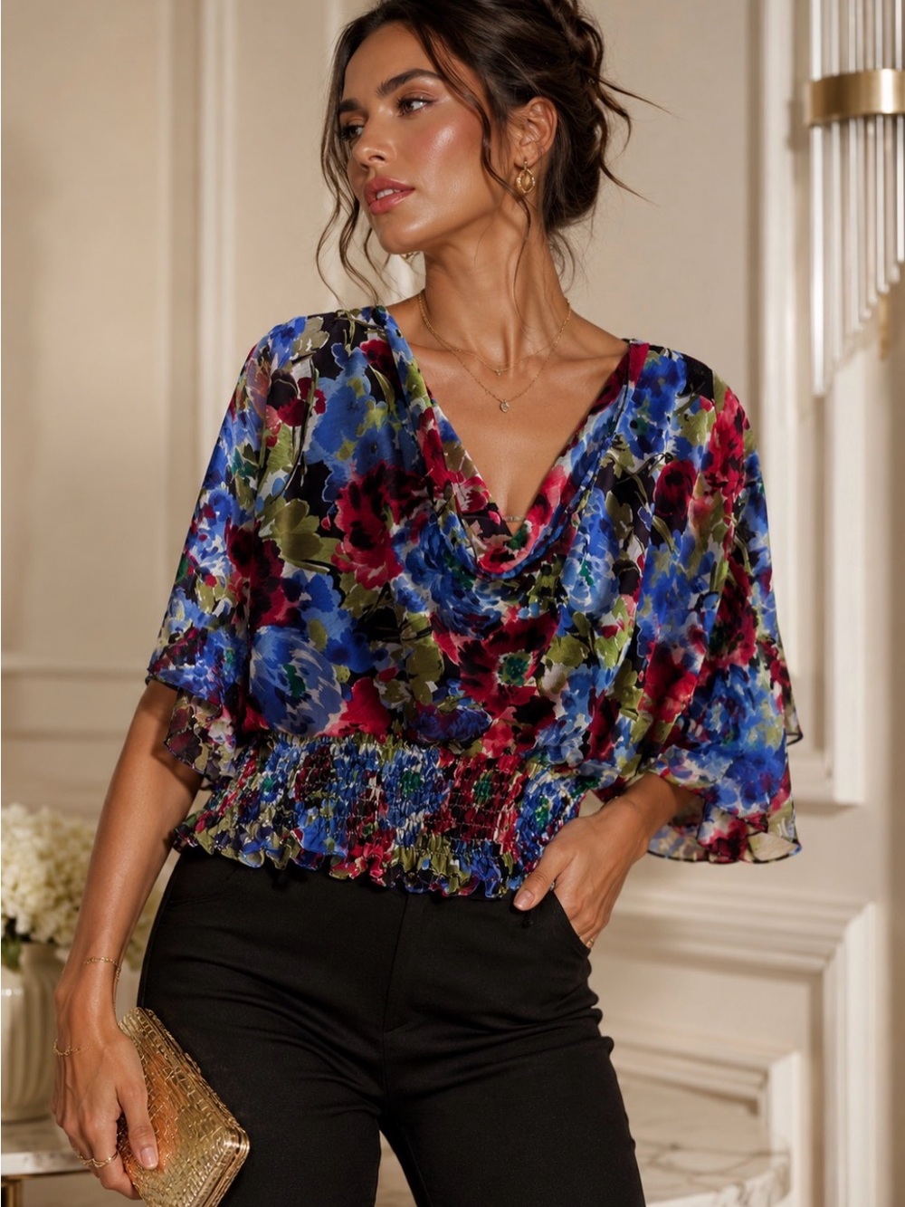 Sunny Leigh Floral Boho Blouse Top XL Colorful Flowy Sheer Sleeve